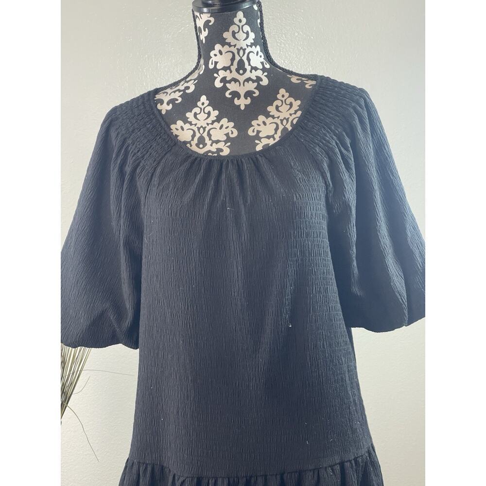 Steve Madden Black Abrah Textured A-Line Dress Size Large Puffed Sleeves - Picture 2 of 8